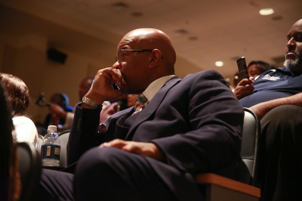 Dr. William B. Bynum, 11th president of JSU, sits in the audience as Earvin "Magic" Johnson talks about playing against his idol "Dr. J" in the NBA finals. "He takes off. You know he had the big fro, so the fro is blowing. He got the ball in one hand. He's walking on air. He took off behind the basket and walking in air. Came across the other side, spun it against the glass, and dunked. We had never seen anything like it, and this in the championship," he shared. (Photo by Aron Smith/JSU)