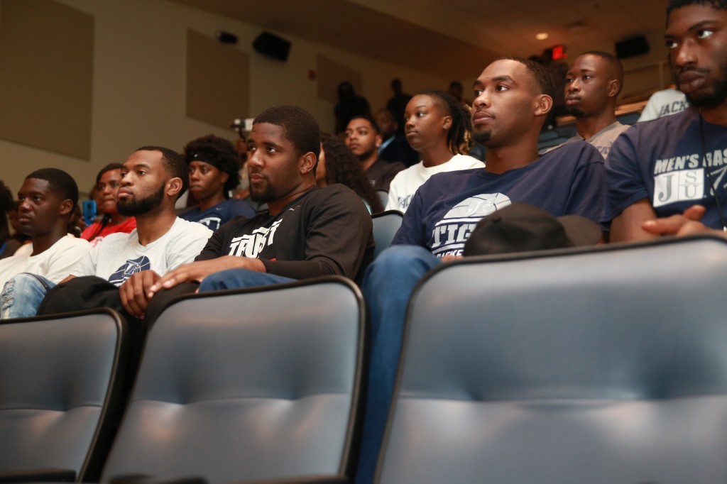 Members of JSU's men and women's basketball team soak up the multitude of information shared by Earvin "Magic" Johnson, retired NBA Laker turned businessman. Johnson said he has been disciplined his whole life. "I've never been late. I've been in business now for over 35 years," he said. (Photo by Aron Smith/JSU)