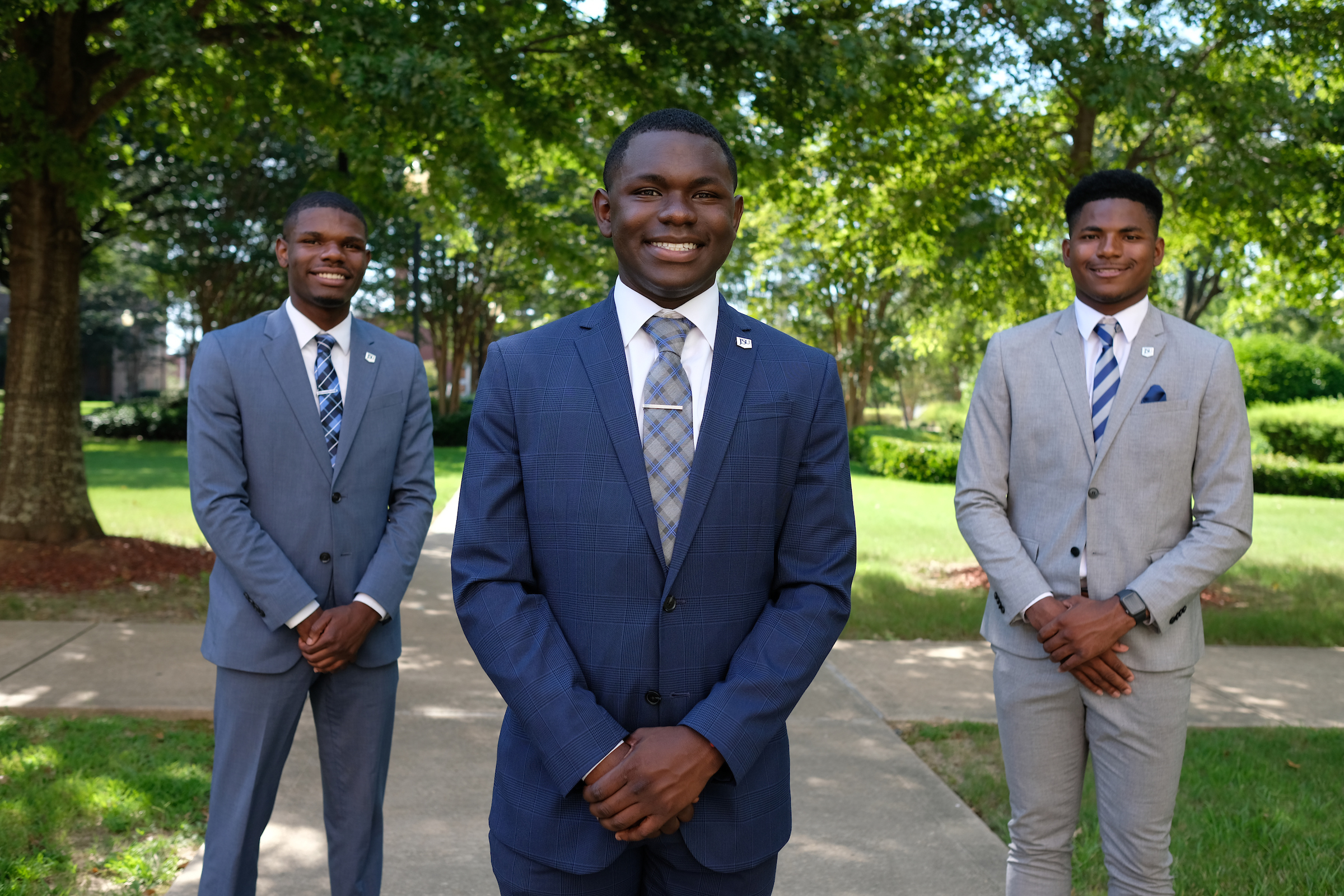 Brothers Jaquan Powell (left), LaCurtis Powell, (center) and David White, (right) have made attending Jackson State University and claiming the title of Mister Freshman a family tradition. (Photo by Charles A. Smith/JSU)
