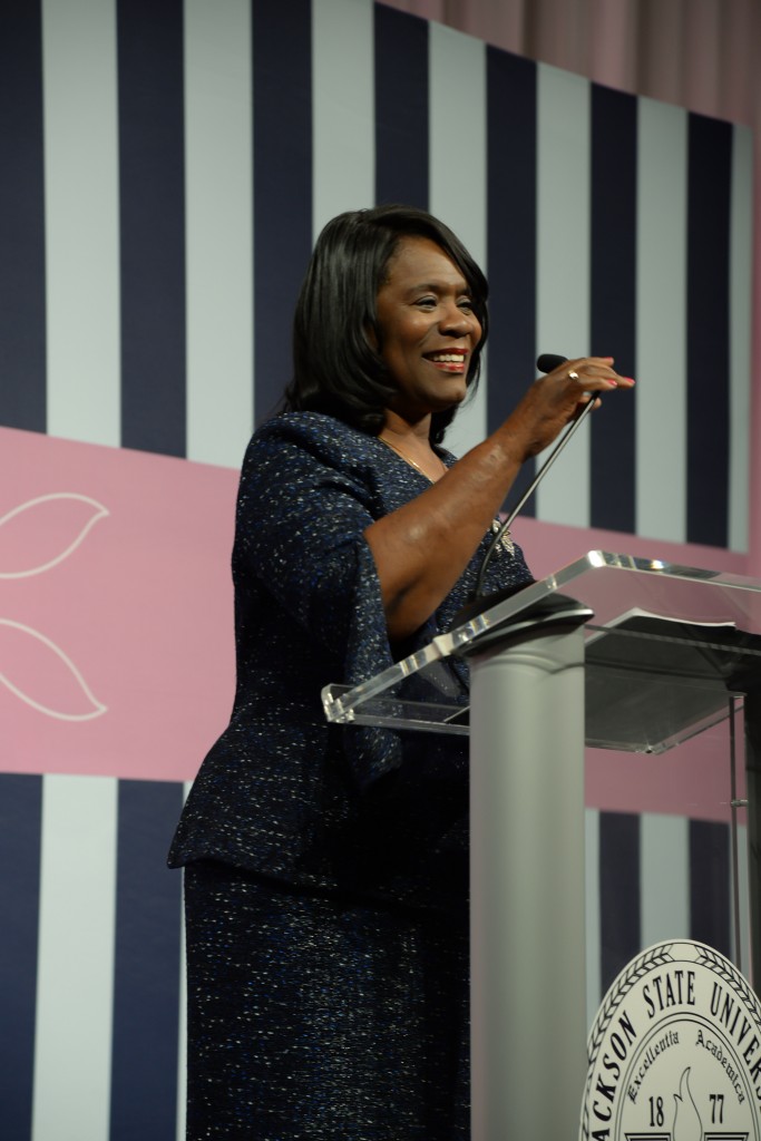 Keynote speaker Dr. Glenda Glover speaks passionately to a sold-out audience of over 400 people, "God has instilled a spirit of unity in Historically Black Colleges and Universities." (Photo by Darek Ashley/JSU)