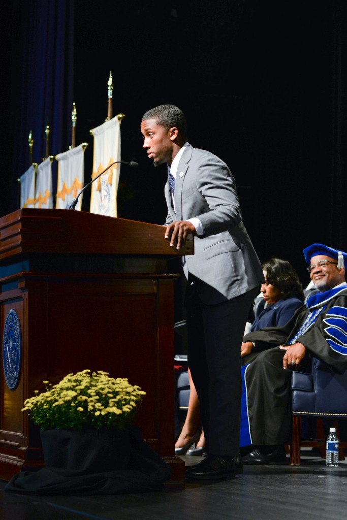 Jordan Jefferson, SGA president, offered greetings on behalf of the student body during the 142nd Founders' Day Convocation at JSU. (Photo by Darek Ashley)