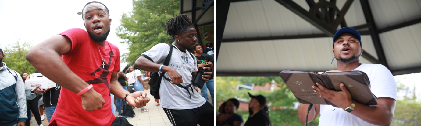 LEFT: Students get their praise on. RIGHT: Wesley Foundation’s director Pastor Kevin Kosh informs the crowd that “our faith can carry us through when the degree can’t, when our financial aid isn’t coming through and when we need something that can push us forward.”