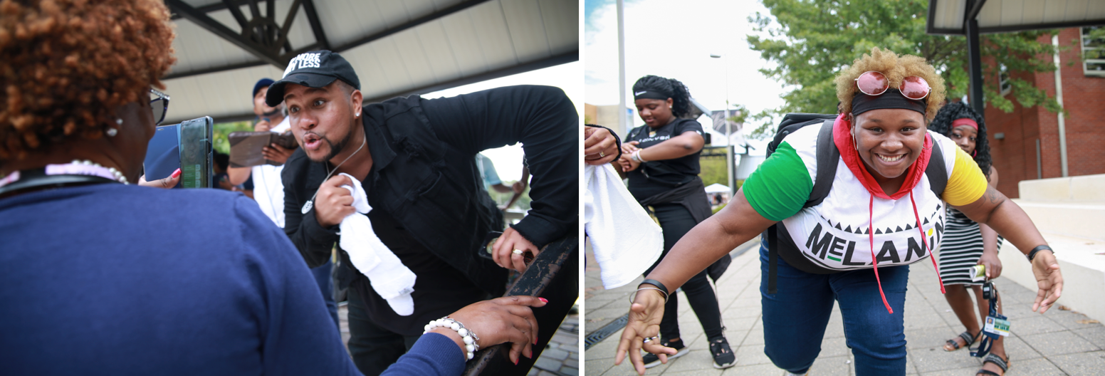 LEFT: Singer T-Ran shows his passion for the word of God. RIGHT: Freshman business administration student Imani Behanan of Cincinnati, Ohio, credited the inspirational praise for helping her through mid-terms.