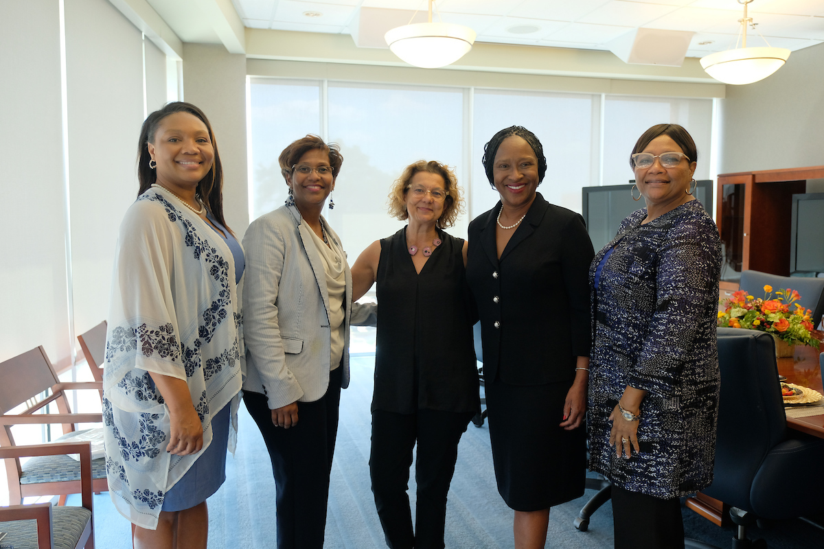 JSU colleagues welcome Hearst Foundation senior program officer Ligia Cravo, center, of New York. She’s joined by Christina M. Berry, corporate and foundation relations officer at JSU, left; Dr. Loria Brown Gordon, associate dean of JSU’s W.E.B. Du Bois-Harvey Honors College; Veronica Cohen, vice president of JSU’s Institutional Advancement; and Constance Lawson, chief development officer of Institutional Advancement.