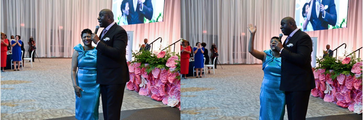 JSU's first lady, Deborah Bynum is pictured with NBA legend, Earvin 'Magic' Johnson as he reveals his $100,000 contribution for student scholarships.