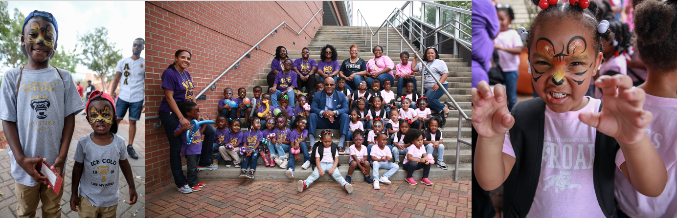 President William B. Bynum poses with children from JSU's Kids Kollege and the Lottie W. Thornton Childcare Center during yard fest. (Photos by Aron Smith/JSU)