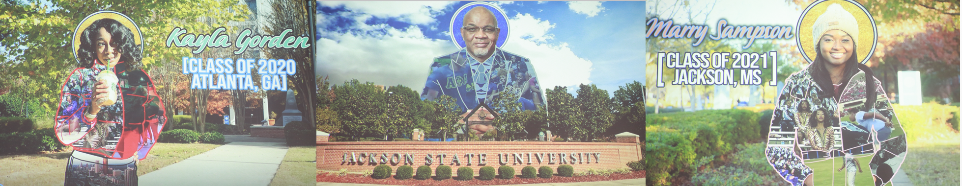 Images of Jsette captain Kayla Gorden, JSU President Dr. William B. Bynum and Jsette Mary Sampson were displayed during Kalin Norman's slideshow. The slideshow images had videos that moved within them that ultimately tells the story of Jackson State University. (Photos by Aron Smith/JSU)