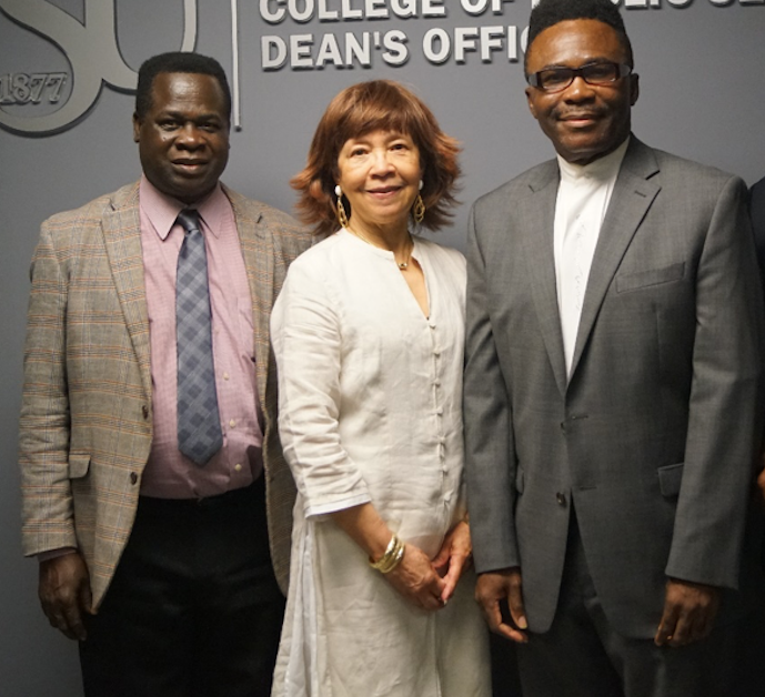 Dr. Edmund Merem, right, in JSU’s Department of Urban and Regional Planning helped examine a number of environmental threats impacting the U.S., including Mississippi, as well as African nations. He’s joined by Dr. Yaw A Twumasi, visiting assistant professor, and Dr. Joan M. Wesley, associate professor in the department.