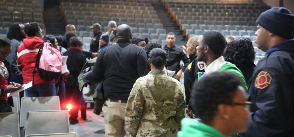 A group of people assembled to learn more about how people are being “bought, sold and smuggled like modern day slaves,” according to a forum to stop human trafficking. (Photo by L.A. Warren/JSU)