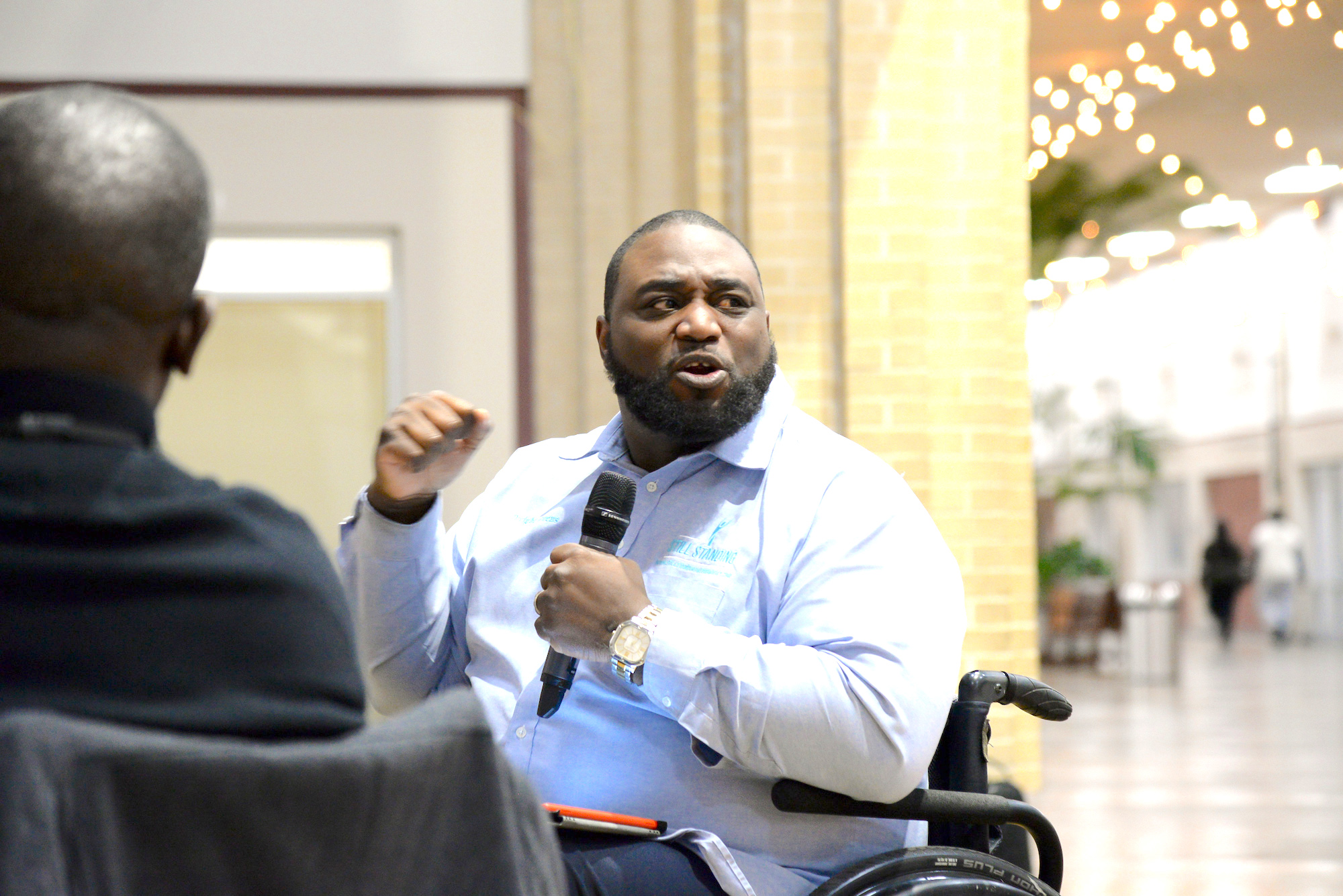Motivational speaker Dwight Owens describes how his life was changed after being struck head-on by a 72-year-old drunken driver in August 2005. The accident left him partially paralyzed. Still, “there’s plenty of life ahead for me,” he told an audience recently at a JSU Metro Jackson Community Prevention Coalition (MJCPC) event. (Photo by Darek Ashley/JSU)