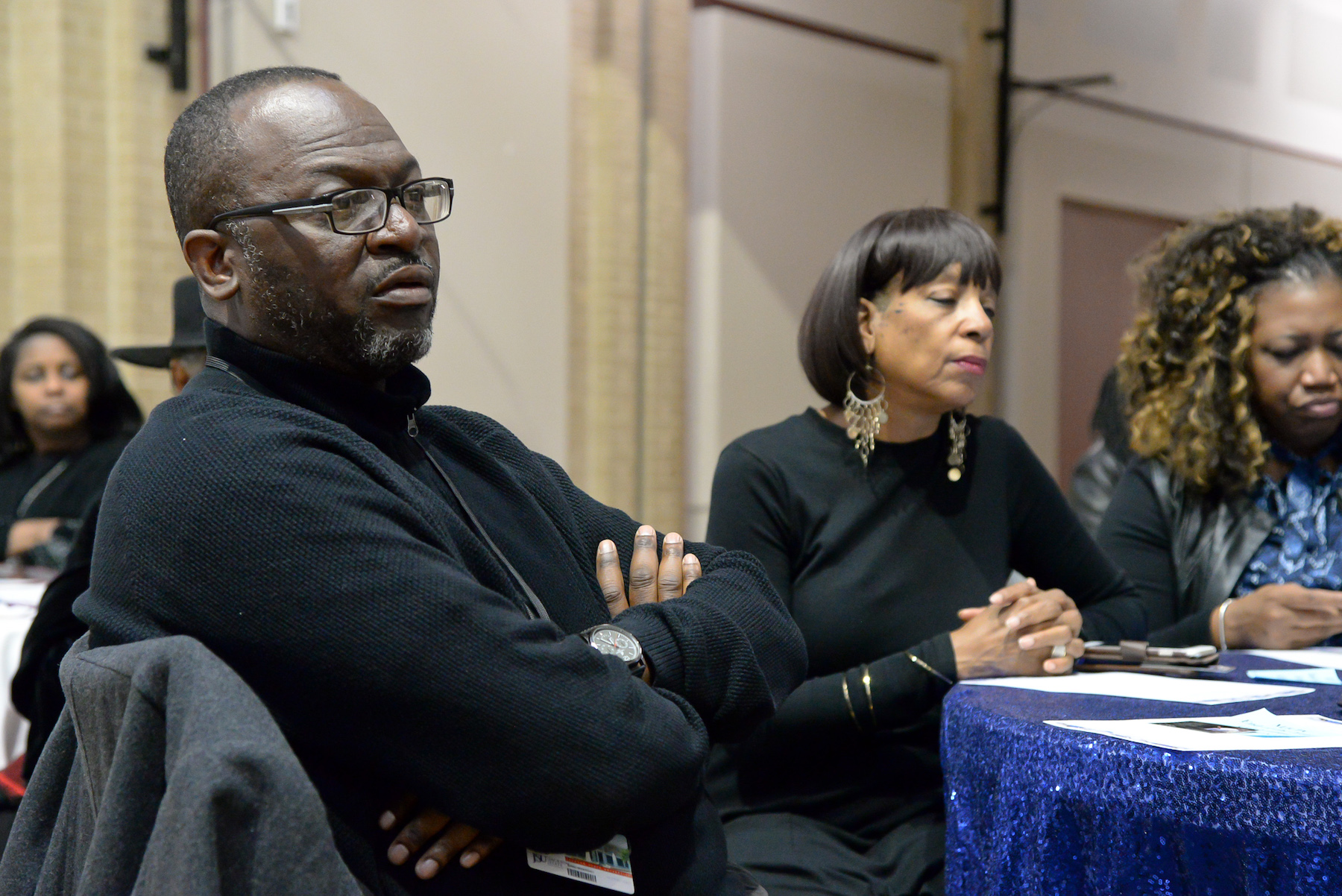 Chauncy Wright, community outreach coordinator for MJCPC, listens intently as the speaker urges the audience to avoid being defined by their circumstances. (Photo by Darek Ashley/JSU)