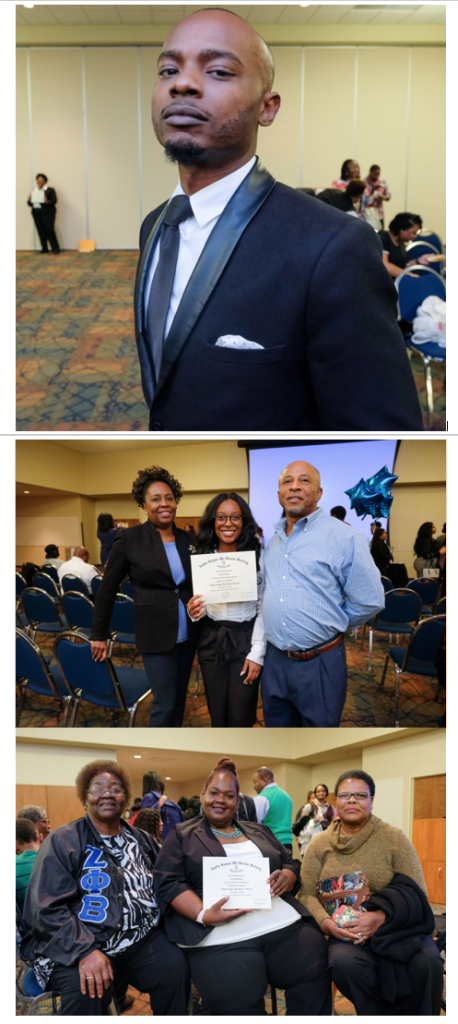 Kafond Wilder, a public policy doctoral student, (top); Toni Holloway and family, (center); and Lorraine, Jaylen and Dwayne Henry all pose for a picture after the Alpha Kappa Mu Honor Society induction ceremony on Monday night. Toni Holloway (center, middle picture), and Jaylen Henry, (center, bottom picture), proudly display their certificates certifying their status as Alpha Kappa Muans. (Photos by Charles A. Smith/JSU)