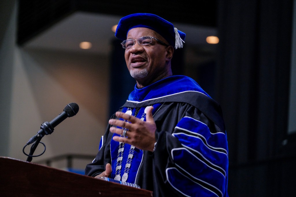 Dr. William B. Bynum, Jr. extended greetings to the class of 2019 and offered words of encouragement with gusto before commanding graduates to move their tassels representing the completion of their academic journey at the HBCU. (Photo by Charles A. Smith/JSU)