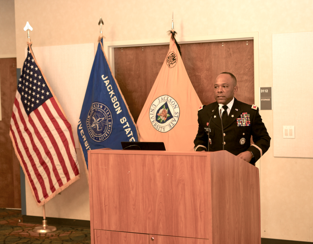 Col. Harris extols wisdom to the newly minted second lieutenants and urges them to press forward in their quest as leaders. (Photo by Desmond Jones/JSU ROTC)