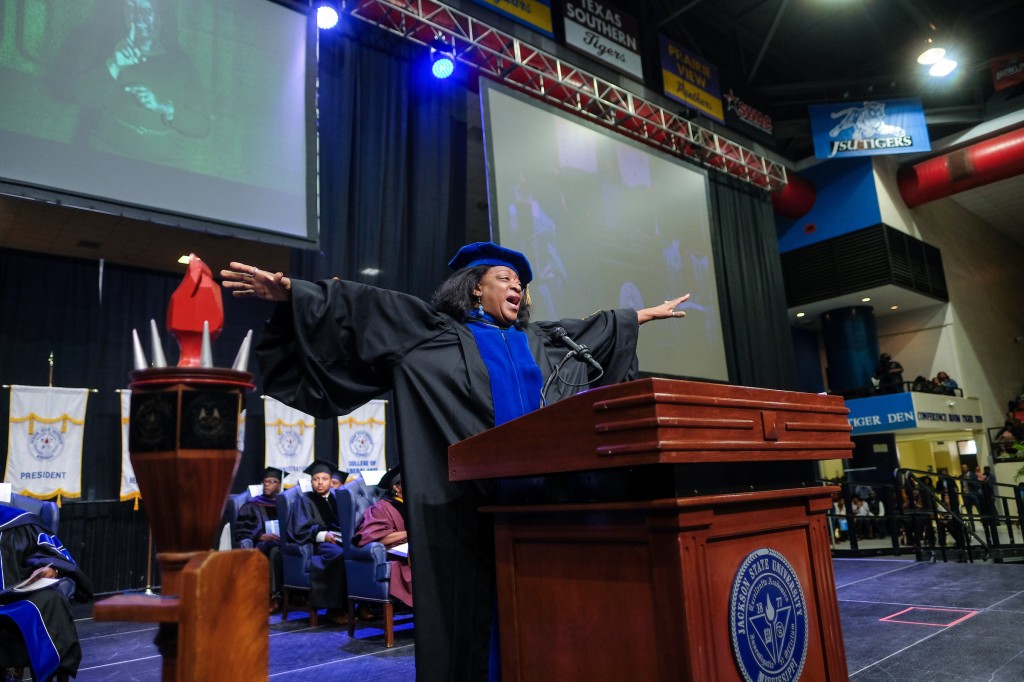 Dr. Tonea "Tommie" Stewart challenged graduates to reach back to their community and those in need. (Photo by Charles A. Smith/JSU)