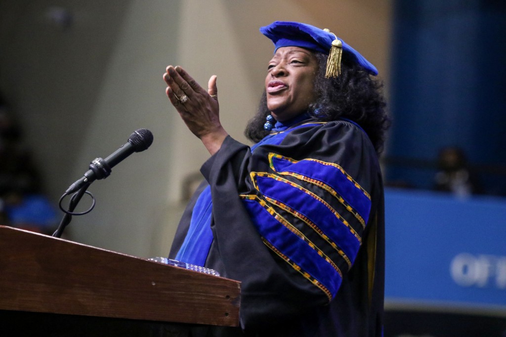 Dr. Tonea "Tommie" Stewart, JSU alum and Miss JSU '68, served as the keynote speaker at Jackson State University's commencement speaker. Stewart, an actress, has had a successful television and movie career and now serves as Dean of the College of Visual and Performing Arts at Alabama State University. (Photo by Aron Smith)