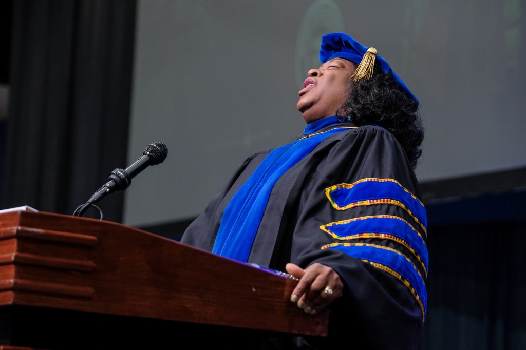 Sharing stories from her journey that led to her being a student at JSU and beyond, Dr. Tonea "Tommie" Stewart displayed myriad emotions as she delivered the keynote address at Jackson State University's commencement on Dec. 6. (Photo by Charles A. Smith/JSU)