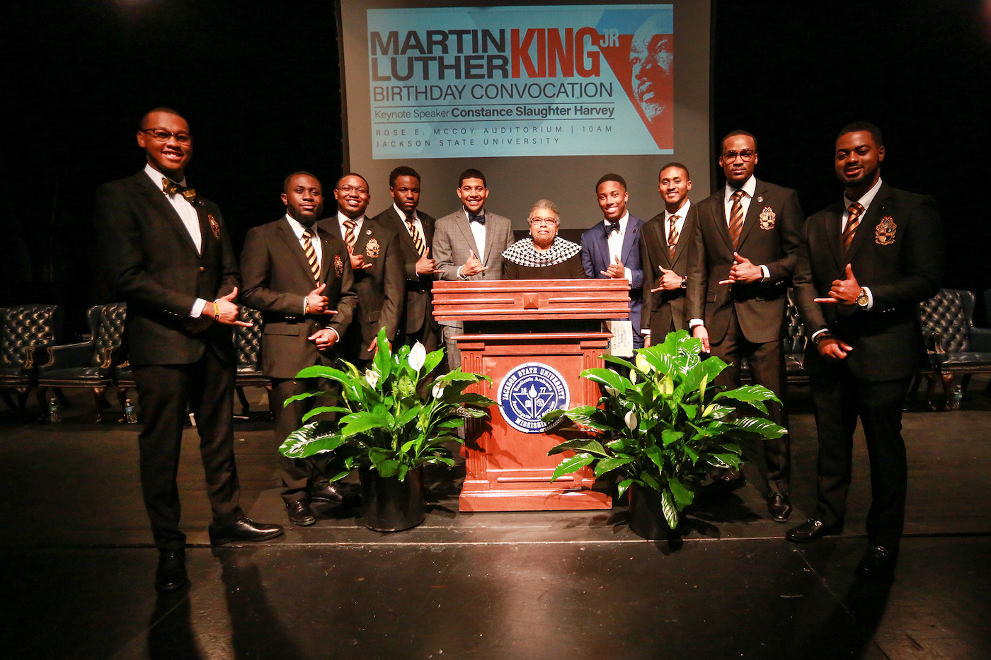 Members of Alpha Phi Alpha Fraternity, Inc. honor their fraternity brother Dr. Martin Luther King Jr. by serving as ushers at the MLK Convocation. (Photo by Aron Smith/JSU)