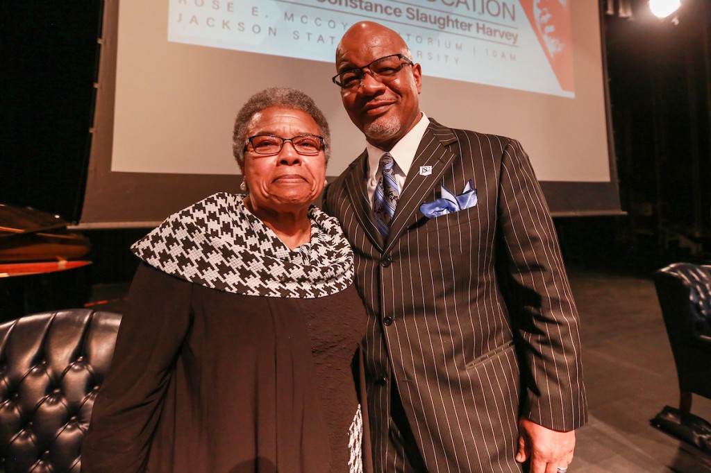 JSU President William B. Bynum Jr. appears with Slaughter-Harvey. He told the audience that “I don’t know how many of us – with death threats not only to themselves but to their family members – would continue keeping on the way that Dr. King kept on.”