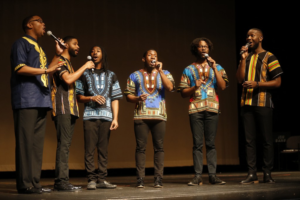 Student members of the singing group J6 gave a rousing rendition of "Lift Every Voice and Sing." (Photo by Charles A. Smith/JSU)