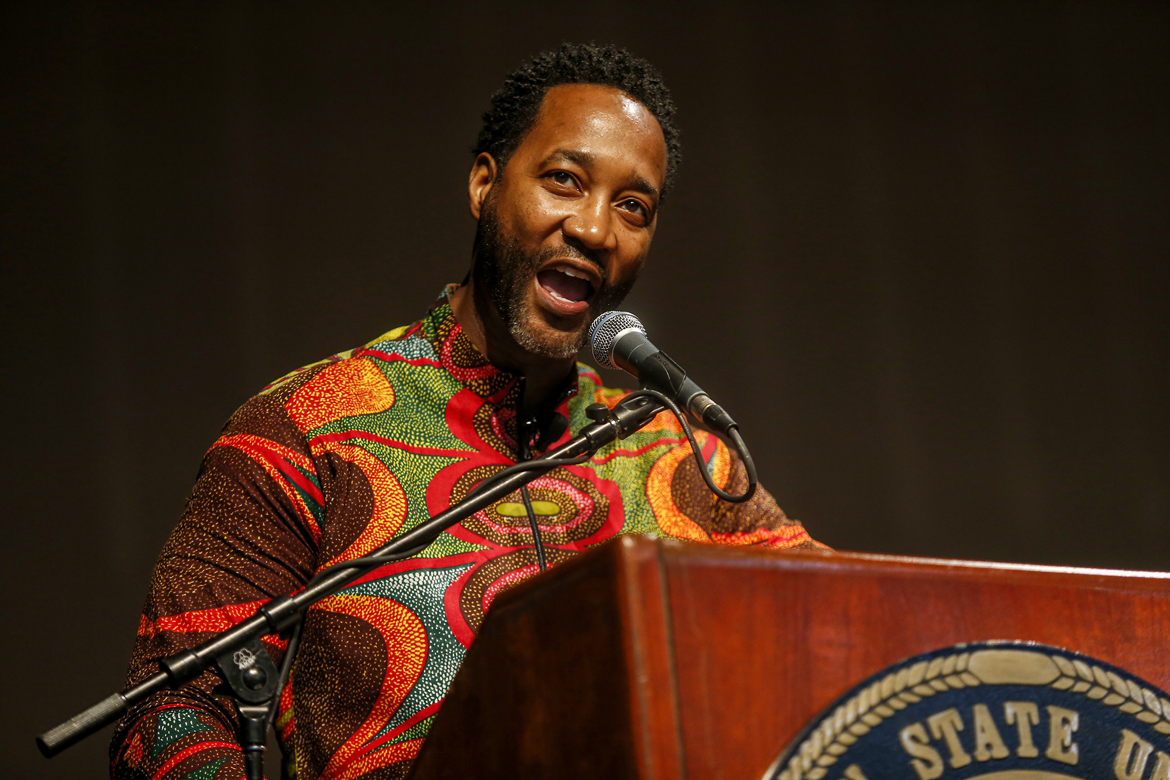 Yohance Myles, television and film actor, gave a keynote address at Jackson State University's Black History Month Convocation earlier this month. Myles, who recently starred as Councilmen Kent in the OWN Network show "Ambitions" centered his address on perspective. "It is at times difficult to look at the complexity of the African-American journey because our emotions or our emotional response can be a perception that is raw, simple, or visceral. We want to see ourselves without being seen. But for others, sometimes it means being seen without being judged." (Photo by Charles A. Smith/JSU)