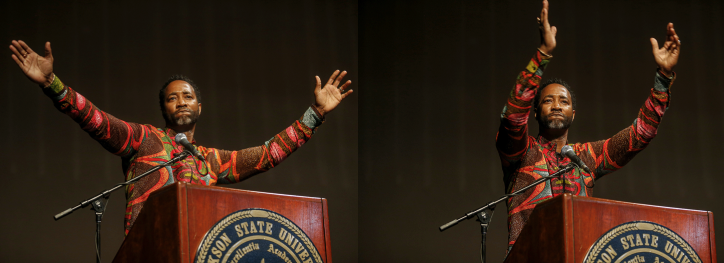 Before giving his keynote adress, Yohance Myles played snippets of “Say It Loud” by James Brown, “Fantasy” by Earth Wind & Fire, “Keep Your Head Up” by Tupac, and “January 28” by rapper J. Cole among others. He later explained that many of the song lyrics spoke about dreams, hopes and aspirations. “It’s about achieving a greater part of yourself now. I think any music from our movements speaks a language to us.” (Photo by Charles A. Smith/JSU)