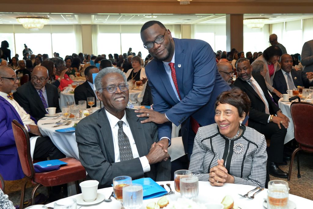 Thomas Hudson, J.D., acting president of Jackson State University, poses momentarily with Dr. John A. Peoples, president emeritus of JSU, and his wife, Mary Peoples, first lady emeritus. Hudson has said Peoples was one of the first people he contacted when he took over the leadership reigns at the HBCU. (Photo by Darek Ashley)