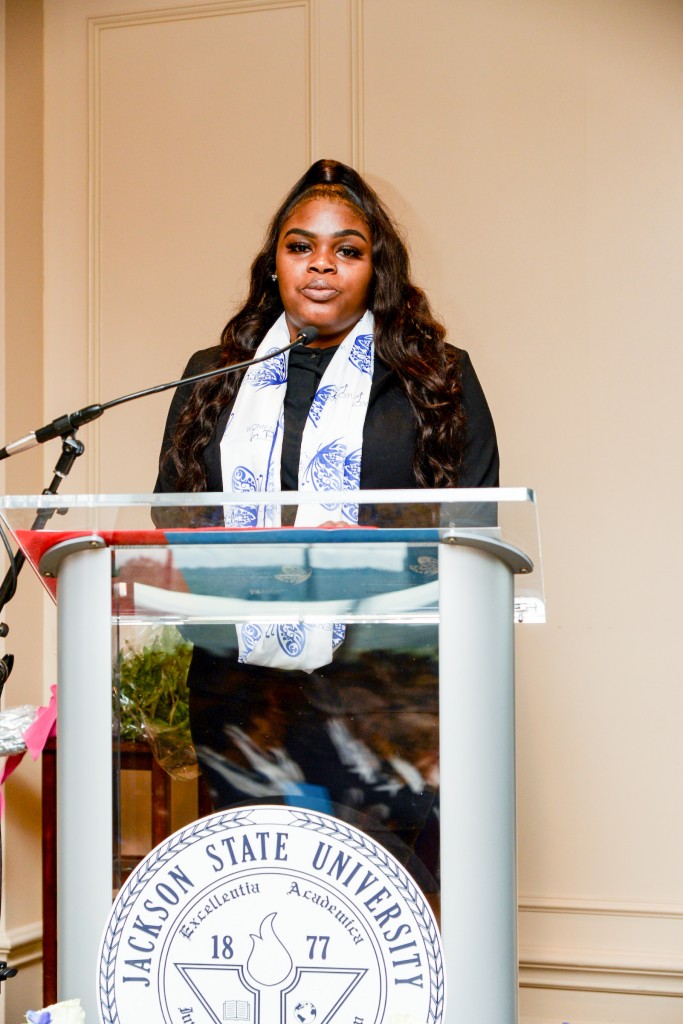 Kelsey Duke, a junior at JSU, is a student ambassador for the women's council. She shared how much the council has impacted her life and why scholarships make a difference. (Photo by Darek Ashley/for JSU)