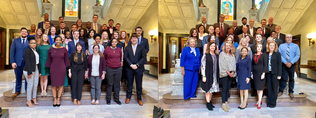 HEADWAE 2020 student honorees (left) and faculty honorees (right) gather on the steps in the Capitol Rotunda for a photo after the program held at the State Capitol. (Photos by Sophie McNeil Wolf, Institutions of Higher Learning)
