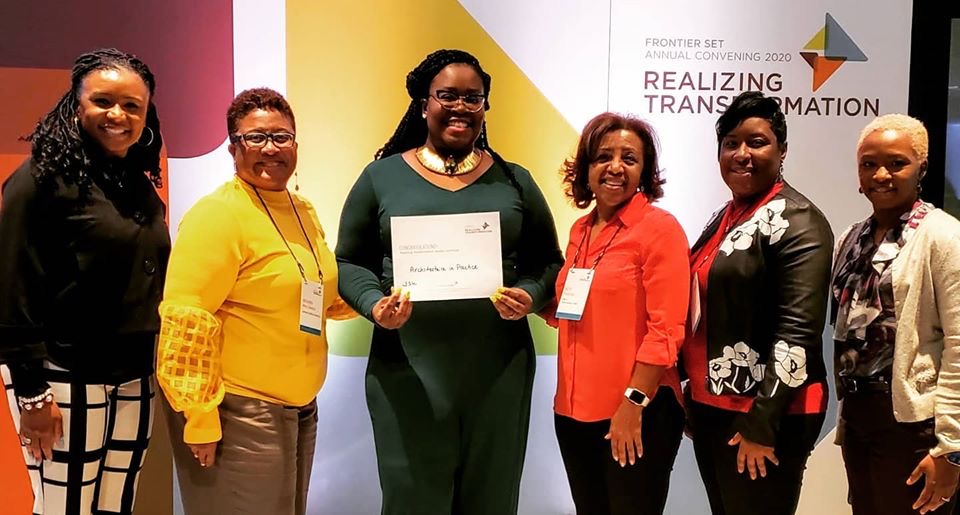 JSU Frontier Set team member members are Dr. Shemeka McClung, right, Dr. MeShonya Wren-Coleman, Dr. F. Janelle Hannah-Jefferson, Dr. Kathy Thompson (HBCU Intermediary), Dr. LaTonya Robinson-Kanonu and Andrea Jones-Davis. Team member not pictured: Dr. Lynda Brown-Wright. The Frontier Set conference was March 3-5 in Charlotte, North Carolina.