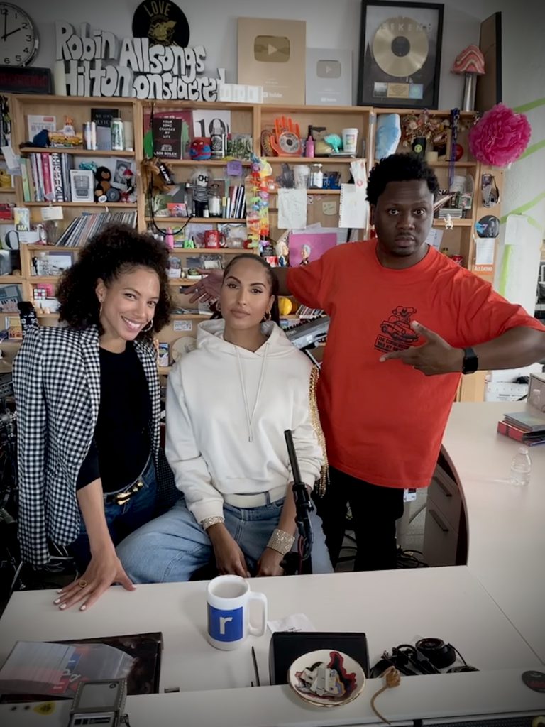 Robert Carter, producer of Tiny Desk concerts (far right), Sidney Madden, co-producer of Tiny Desk concerts (left), and Swedish singer Snoh Aalegra (center). (Photo special to JSU)