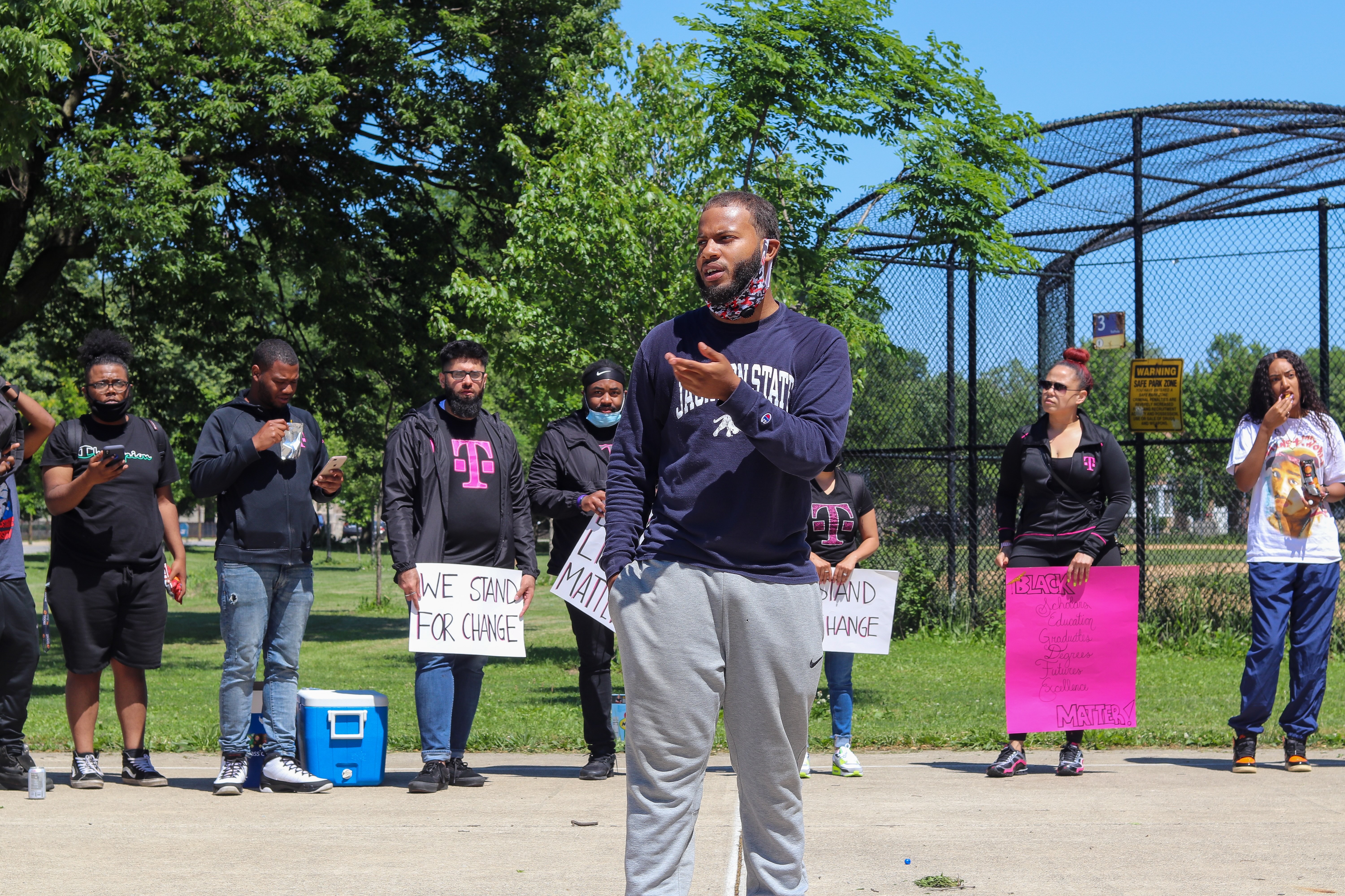 Michael Taylor, theatre major at JSU, thanks protestors for their participation in the Chicago march he organized to combat racial bias.“I just shared my appreciation for everyone coming. I talked about the importance of what we were doing, why we were doing it and how we could move forward. I wasn’t prepared to speak, but everything I said came from the heart.” (Photo by Wakil Atig)