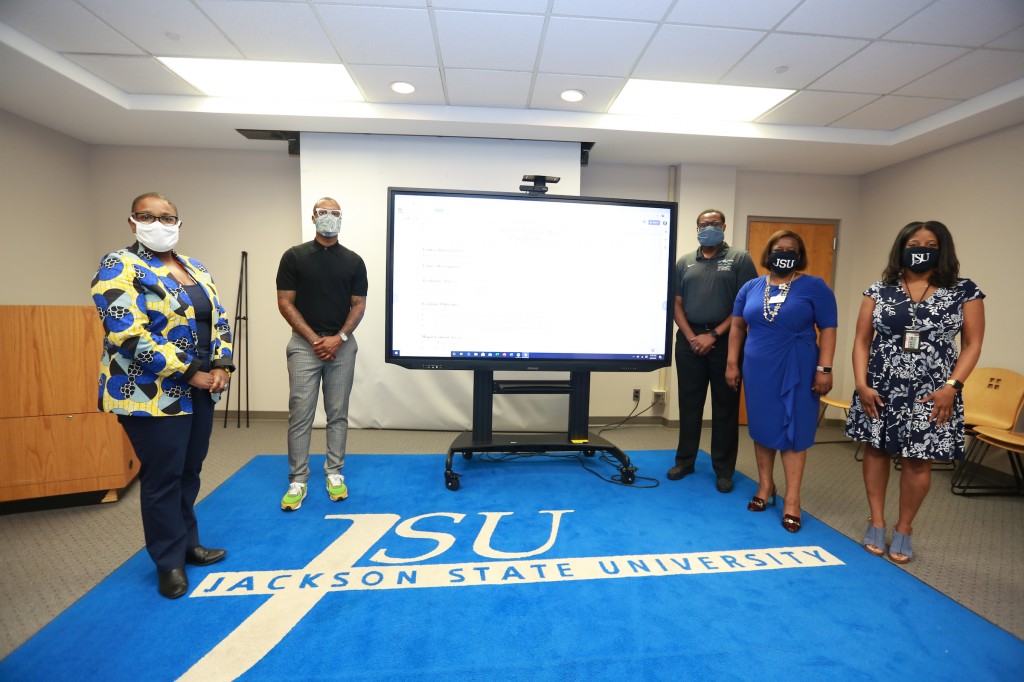 Last month, entertainment mogul Cortez Bryant met with administrators and professors at Jackson State to hammer out the details of his Careers in Music course he is set to teach Oct. 5 - Nov. 20. Pictured left to right: Dr. Lisa Beckley-Roberts, chair of the Department of Music; Bryant, Dr. Lowell Hollinger, assistant professor of music and associate director of bands; Dr. Alisa Mosley, interim provost; and Dr. Brandi Newkirk-Turner, interim associate provost. (Photo by William Kelly/JSU)