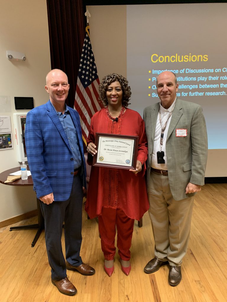 Dr. Bessie House-Soremekum receives a certificate of appreciation for her participation with the Mississippi National Guards continuing education program. (Photo special to JSU)