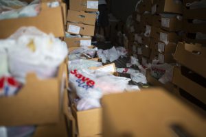 20,000 pounds of fresh produce was pre-packaged in preparation for JSU's annual Crop Drop. Russet potatoes, cabbage, cucumber and tomatoes were among the list of items given to members in the community. (Photo by William Kelly/University Communications)