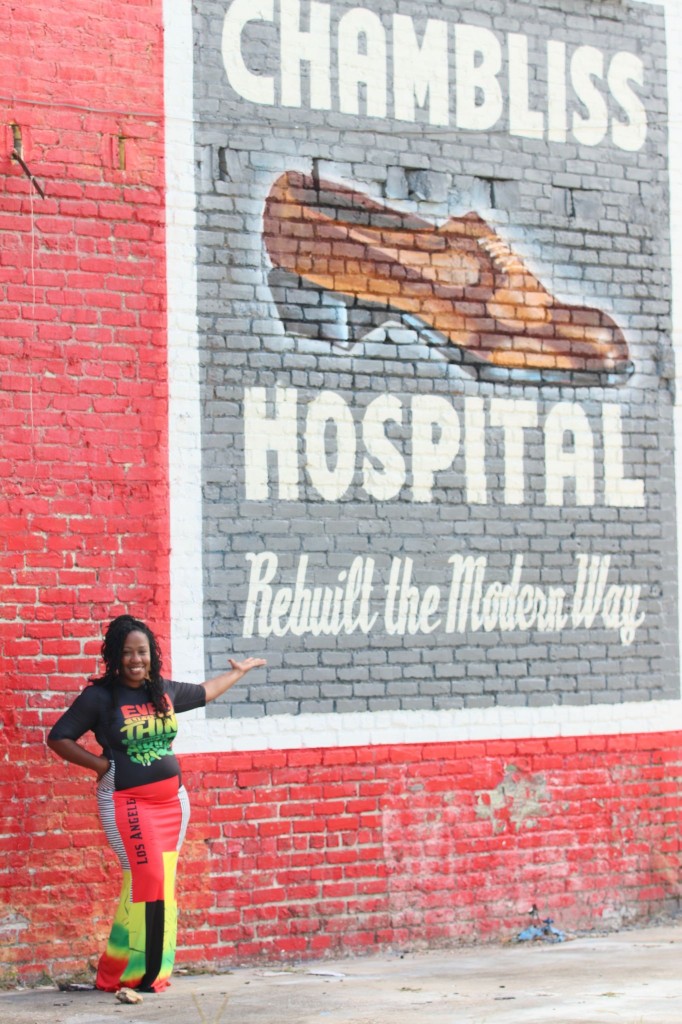 The Milton Shoe Hospital mural is a historic preservation project. Jesse R. Chambliss Sr. operated the Chambliss Shoe Hospital (later called the Chambliss Shoe Shop) at the Chambliss Building on Lynch Street from 1936 into the early 1970s. He kept extensive personal and business records that provide a detailed look into the life of a Southern black businessman and civic leader during those years. (Photo courtesy of Grif Griffin)