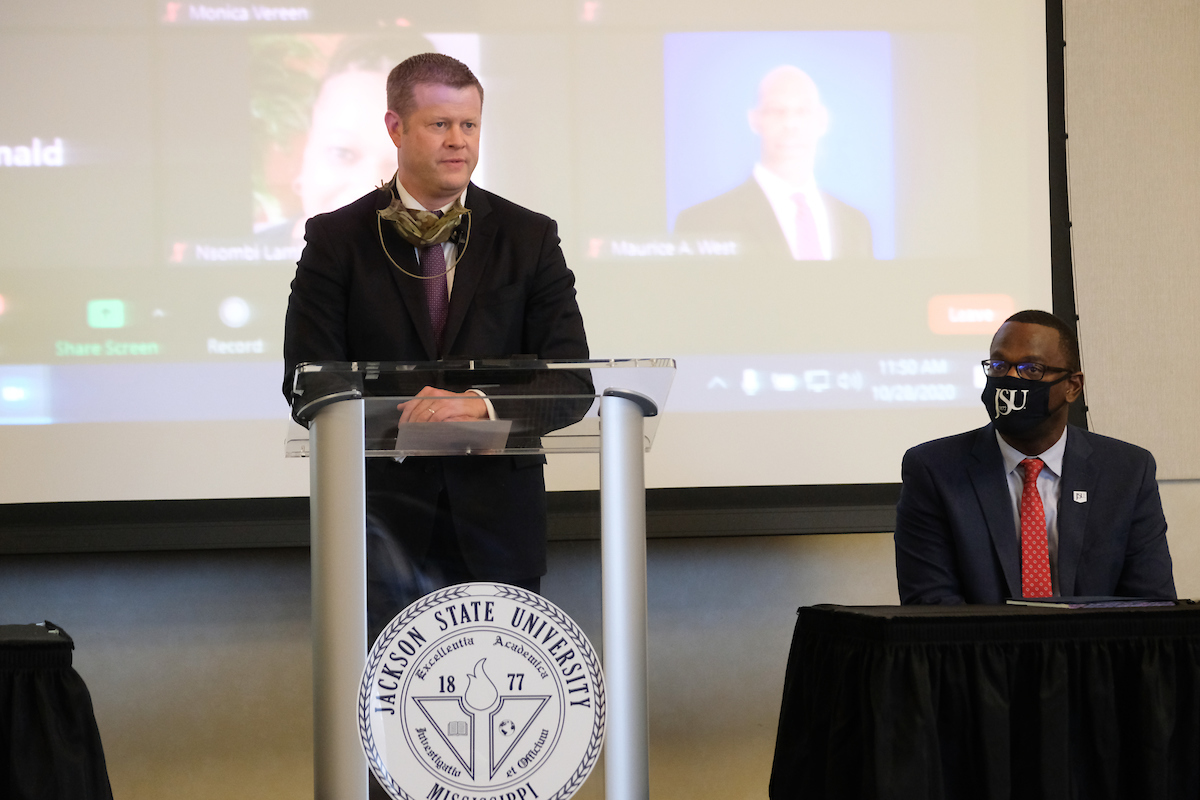 U.S. Army Secretary Ryan McCarthy discusses the importance of inclusion and diversity in the military. JSU Acting President Thomas K. Hudson hosted military visitors and other guests. (Photo by Charles A. Smith/JSU University Communications)