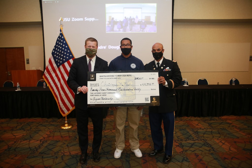 A cadet is awarded more than $44,000 as part of a three-year scholarship. (Photo by William H. Kelly III/JSU University Communications)