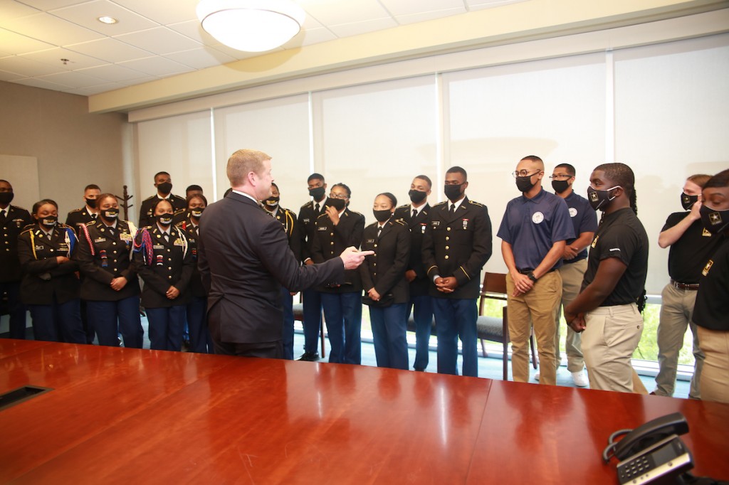 McCarthy greets future leaders who are destined to serve the country. (Photo by Charles A. Smith/JSU University Communications)