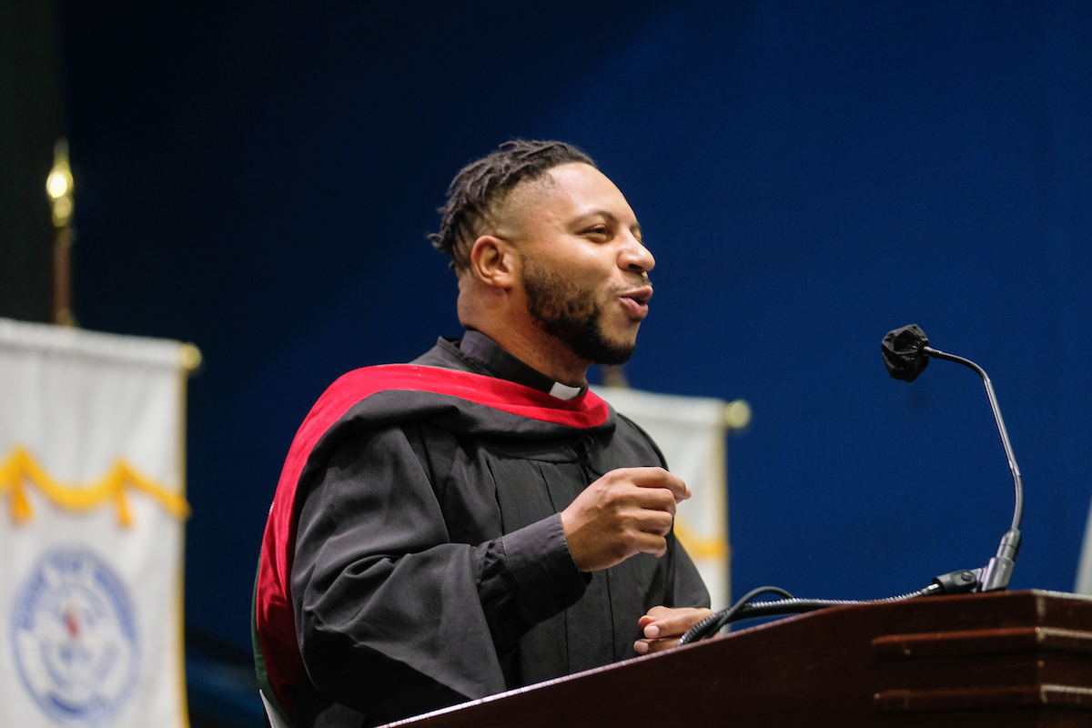 The Rev. Kevin Kosh Jr., director of the JSU Wesley Foundation Campus Ministries, blessed the crowd with inspiring words.(Photo by Charles A. Smith/JSU)