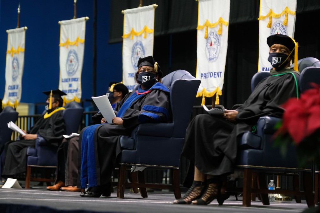 Platform guests assisted with the ceremony as graduates prepared to receive their degrees virtually. (Photo by Charles A. Smith/JSU)