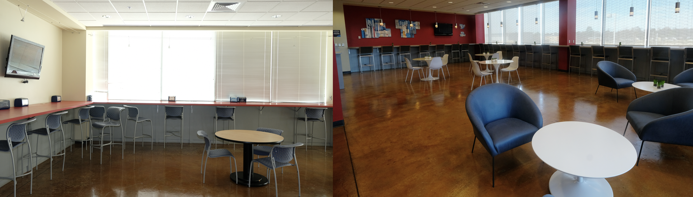Before and after photos of the commuter lounge in the Student Center. (Photo by Charles Smith/University Communications)