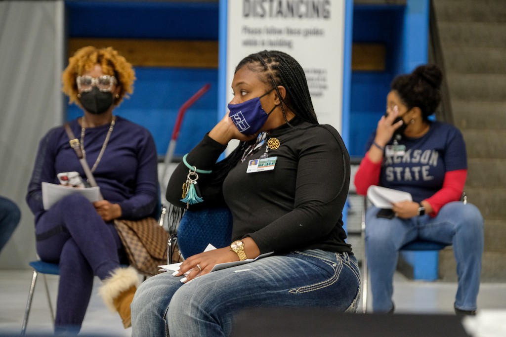 After receiving their vaccination, JSU students wait 15 minutes before being allowed to leave just in case they experience side effects. (Photo by Charles A. Smith/JSU)