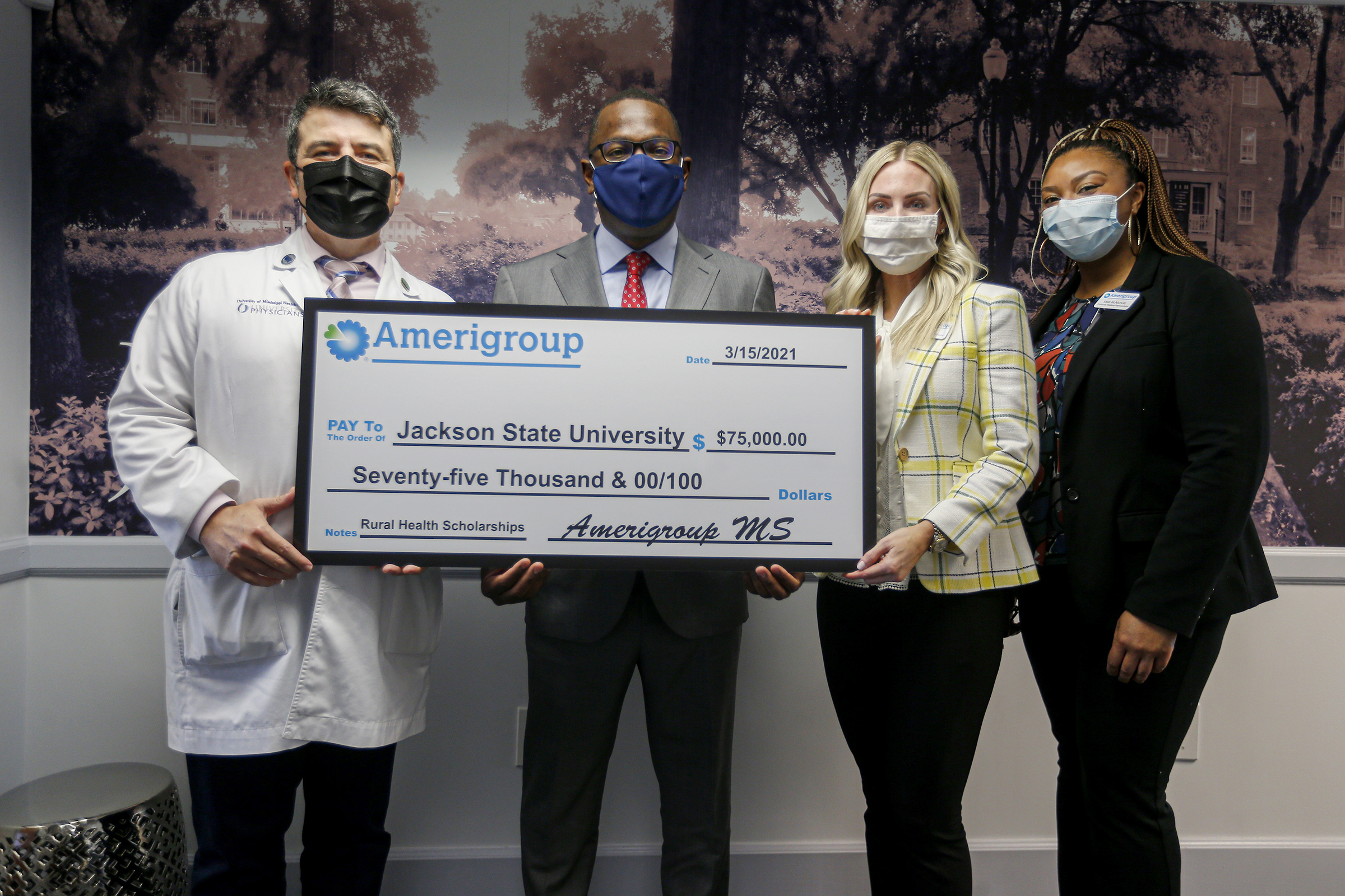 (Left to right) Dr. Carlos Latorre, Division of Medicaid, Thomas K. Hudson, president of JSU, Tara Clark, senior director for Amerigroup Mississippi, and Misti Clark, Amerigroup.