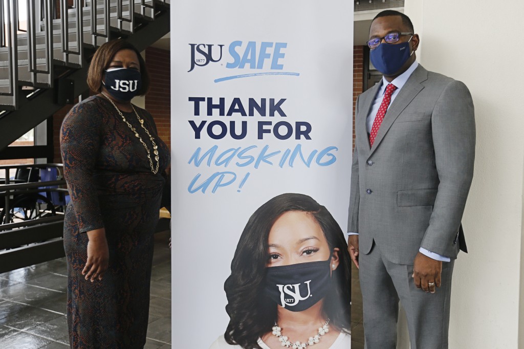 Thomas K. Hudson, president of JSU, and Dr. Alisa Mosley, provost and senior vice president of Academic Affairs, applaud JSU students for actively following the University's COVID-19 guidelines. (Photo by Charles A. Smith/JSU)