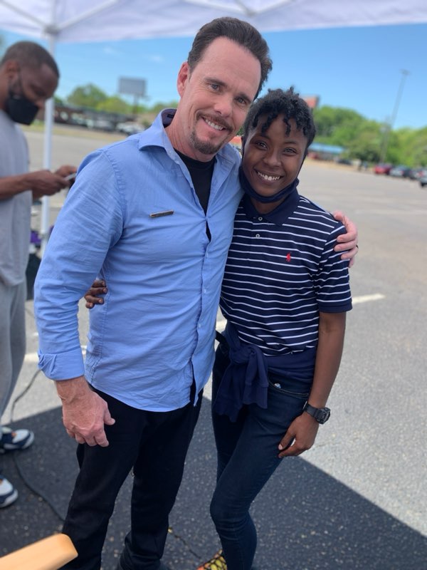 JSU grad student Chesha Lewis takes a quick pic with actor Kevin Dillon behind the scenes of "A Day to Die".