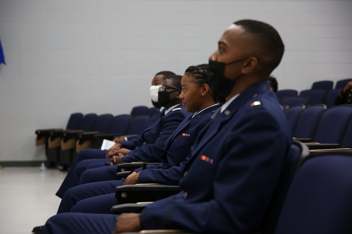 Members of Air Force Detachment 007 listen to Toliver as she tells them to "stand firm on the principles to support and defend the Constitution against foreign and domestic enemies." (Photo by Aron Smith/JSU)