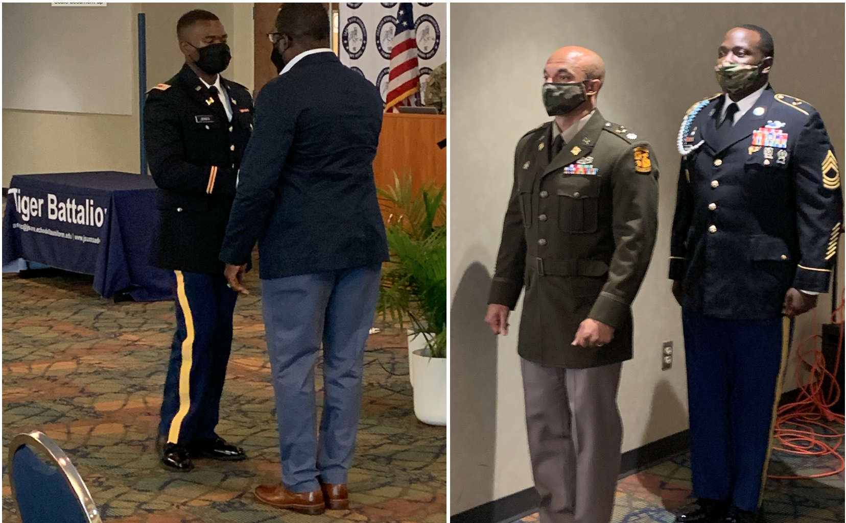 LEFT PHOTO: 2nd Lt. Desmond Jones is congratulated as he prepares for his next journey. RIGHT PHOTO: Lt. Col. Steven Robinson, professor of Military Science at JSU, and Master Sgt. Michael Dewsbury helped inspire a new generation of leaders. Robinson told cadets that they’ve developed “all the tools to make you successful in the U.S. Army.”