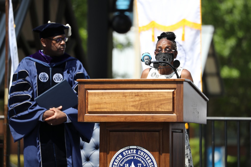Gloria Green McCray accepted an honorary degree in memory of her brother, James Earl Green. (Photo by Charles A. Smith/JSU)