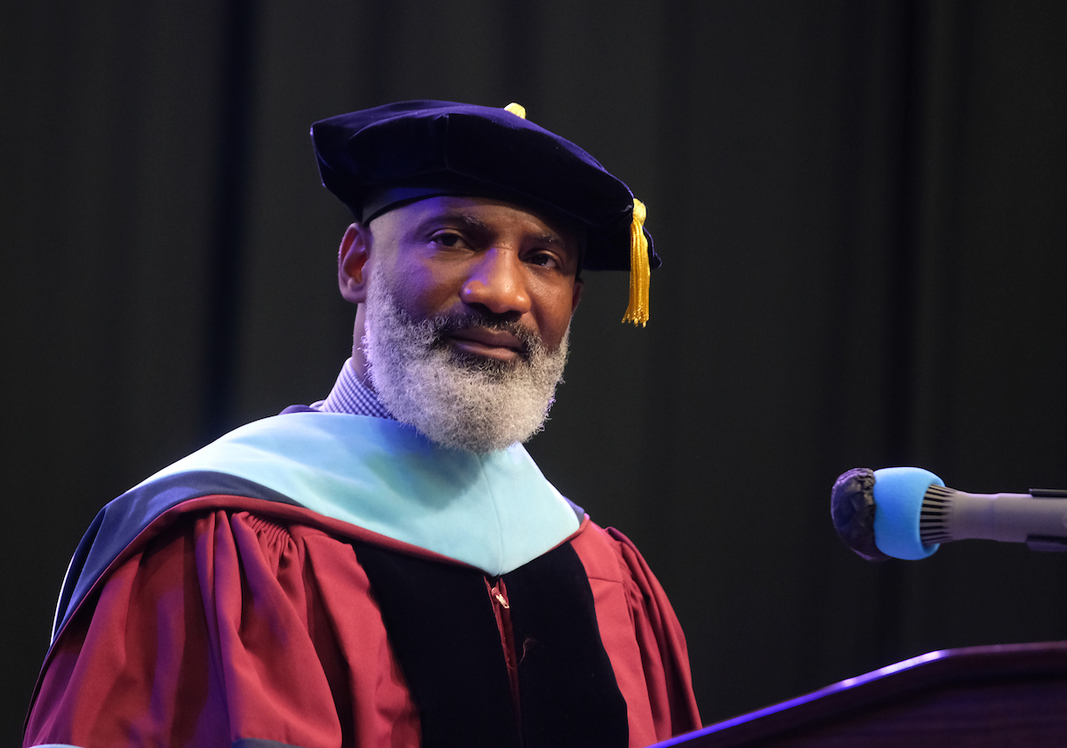Dr. Errick Greene offers wisdom during graduate commencement inside the Lee E. Williams Athletics and Assembly Center on Friday, May 7. The ceremony honored those receiving graduate and doctoral degrees and the Golden Class of 1971. (Photo by Charles A. Smith/JSU)